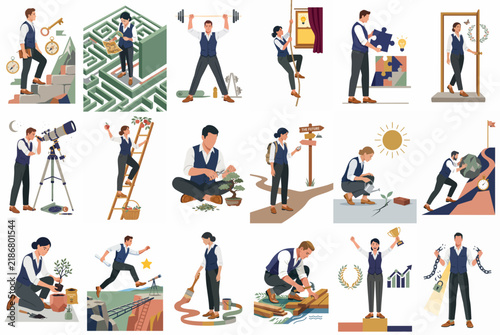 A collection of business metaphor illustrations depicting career growth, overcoming challenges, strategy, and professional success in a flat vector style.