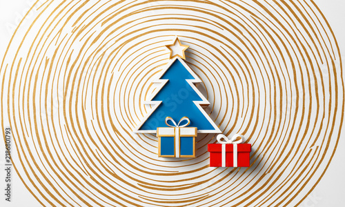 Fototapeta solid blue christmas tree silhouette with a star on top placed next to a blue gift box and a small red present centered over a plain surface covered in concentric gold lines