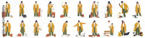 Set of travel character illustrations featuring a person in a yellow coat with various luggage and accessories in different poses.