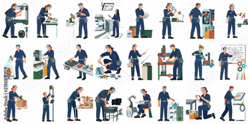 Comprehensive collection of diverse industrial workers and engineers in blue overalls performing various manufacturing, technical, and mechanical tasks in a flat vector style.