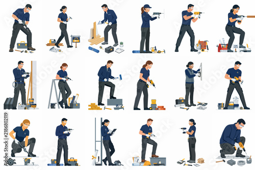 Set of professional handyman and handywoman characters in various work poses and activities using tools, isolated on white background.
