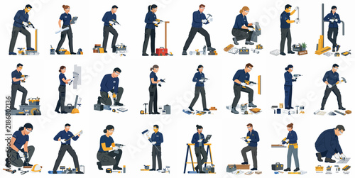Large set of diverse male and female handyman and repair worker illustrations in various poses with professional tools isolated on white background.