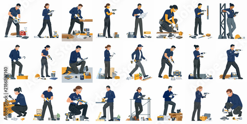 Collection of 24 Flat Vector Illustrations Featuring Construction Workers Using Various Power Tools and Equipment for Manual Labor and Home Renovation Projects.