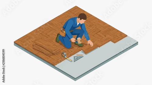 Creative Isometric of Carpenter Installing Wooden Flooring on Concrete Subfloor with Tools with high quality professional line art symbols for modern creative design and digital branding projects