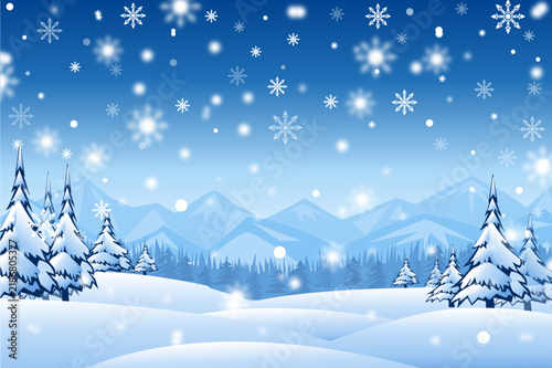 Winter landscape with snowcovered pine trees and mountains