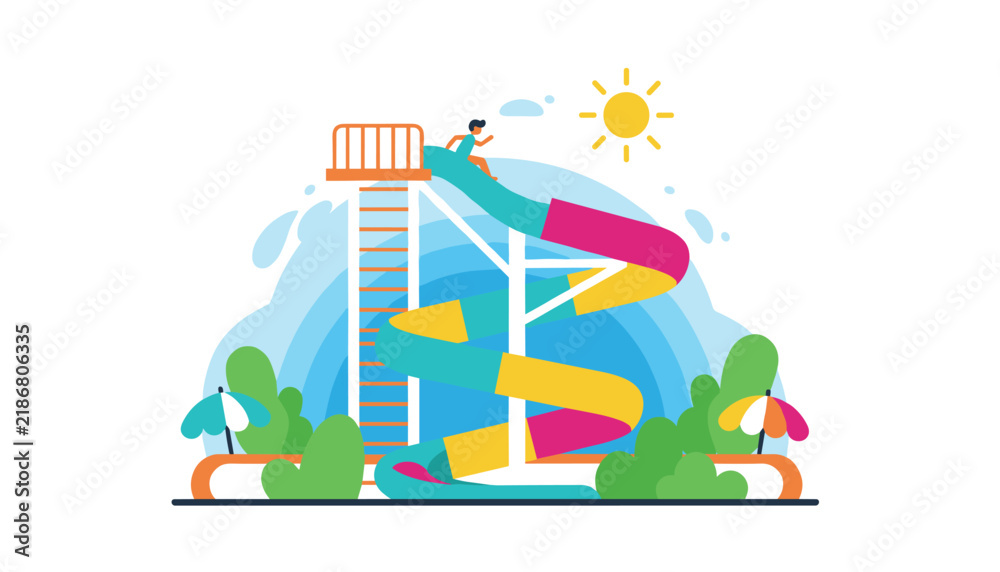 Naklejka premium Vibrant water park features a giant spiral slide and a young swimmer getting ready to slide down on a hot summer day.