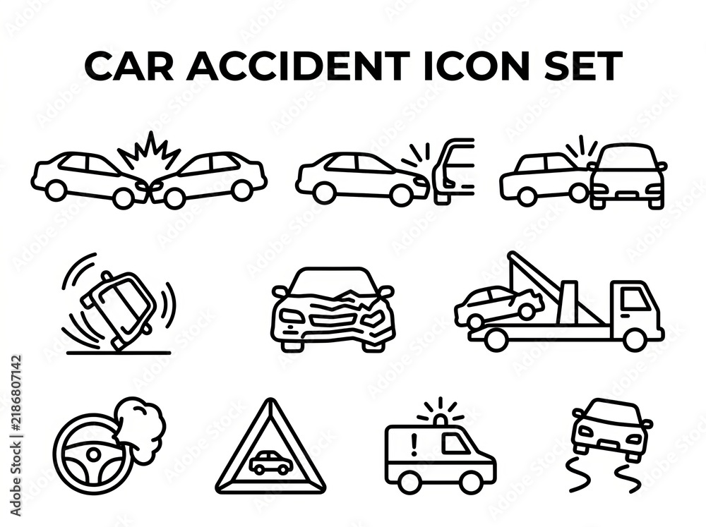 Obraz premium Minimalist Car Accident Emergency Icons Set for Safety Awareness.