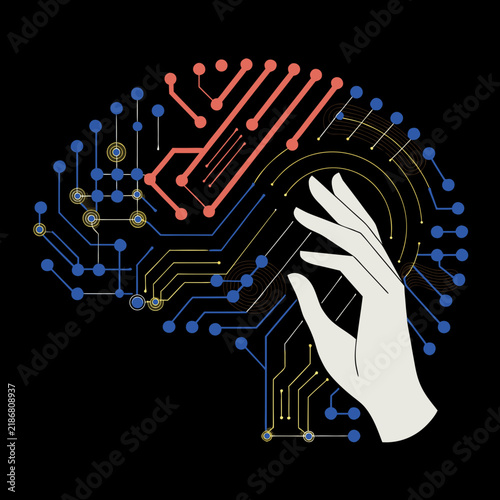Artificial intelligence brain concept, digital neural network with human hand, machine learning technology vector illustration