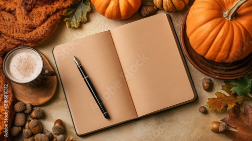Warm autumn scene with notebook, pen, and pumpkin