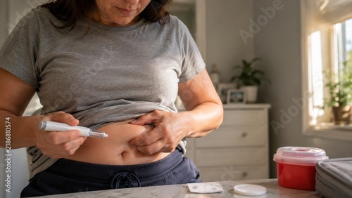 Woman Self Administering GLP-1 Weight Management Injection Safely Into Abdomen at Home
