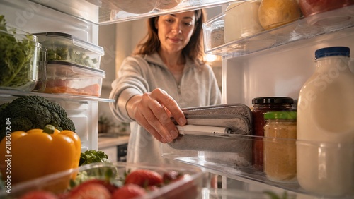 Woman Retrieving Refrigerated GLP-1 Weight Management Medication From Home Refrigerator Storage Pouch