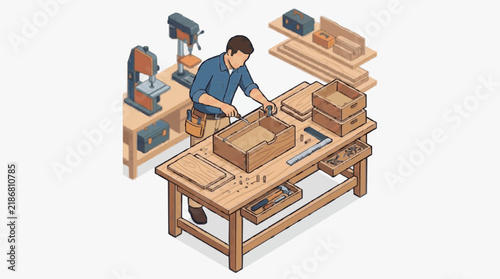 Creative Woodworker Crafting a Project in a Well Equipped Workshop with Tools and Materials with high quality professional line art symbols for modern creative design and digital branding projects