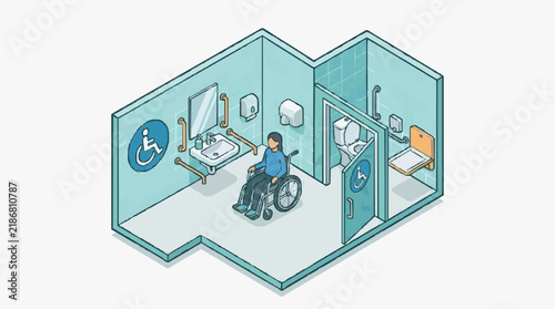 Dynamic Accessible Restroom Design with Wheelchair User and Assistive Features in Modern Blue Isometric Style