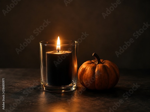 A lit black candle in a glass holder next to a small orange pumpkin on a dark surface, creating a warm and cozy autumn atmosphere.