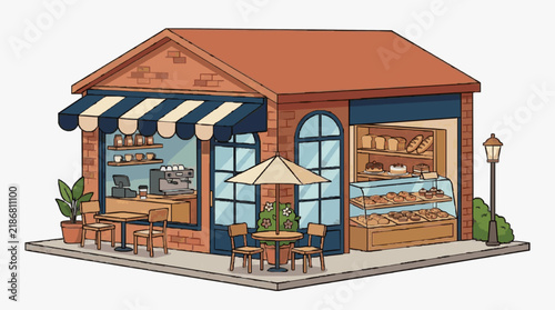 Dynamic Charming Brick Caf with Pastries Display Outdoor Seating and Cozy Ambiance with high quality professional line art symbols for modern creative design and digital branding projects