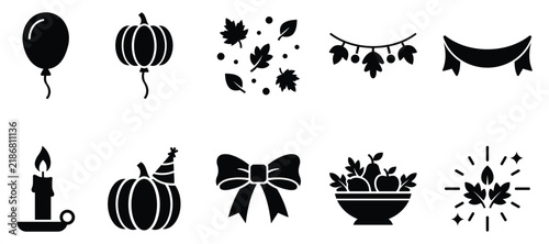 Thanksgiving Fall Silhouette Icons Collection with Pumpkin Leaves Garland Candle and Decorations