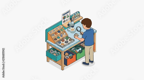 Dynamic Child Exploring Educational Science Station with Magnifying Glass and Colorful Specimens