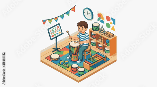 Dynamic Child Playing Colorful Percussion Instruments in Vibrant Music Studio with Educational Display