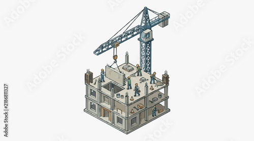 Dynamic Construction Scene with Tower Crane Lifting Materials Over a Multi Story Building Under Development