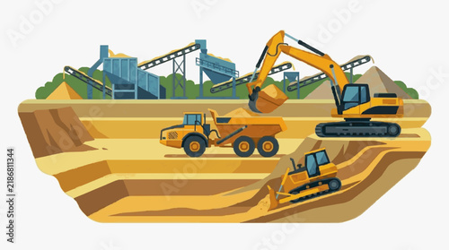 Dynamic Construction Site Featuring Heavy Machinery Excavators Bulldozers Dump Trucks and Conveyor Belts on Sandy Terrain