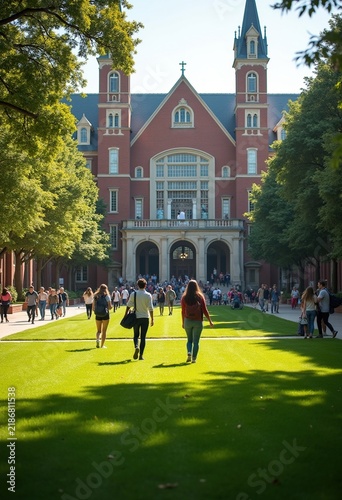 Historic College Campus Quad Students Passing Classic Architecture Green Grass Pathway Academic Setting