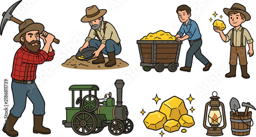 Bild auf Leinwand Historical Gold Mining Vector Character Set with Prospectors, Mining Cart, Vinta