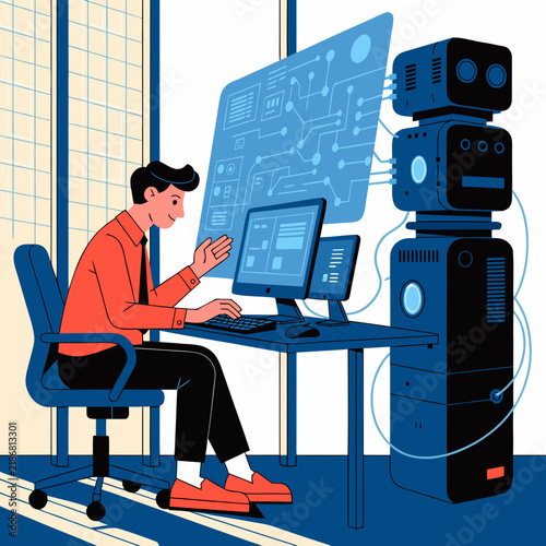 Modern flat vector illustration of a software engineer working on artificial intelligence, programmer developing neural networks on computer