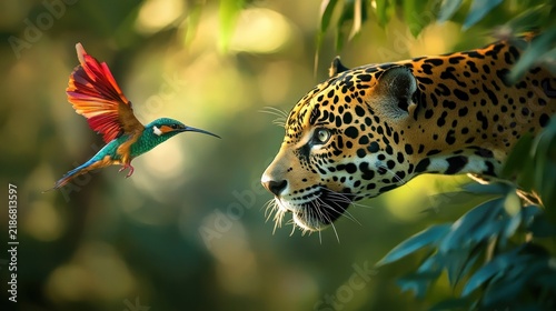 A jaguar with colorful bird flying