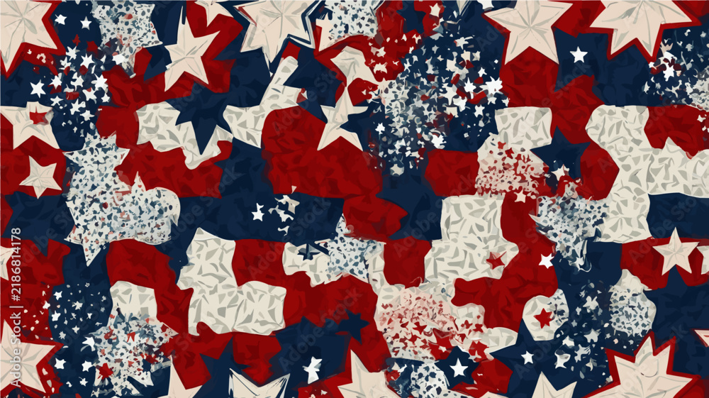 Fototapeta premium A patriotic American flag-themed abstract background pattern featuring red, white, and blue stars and textured elements.