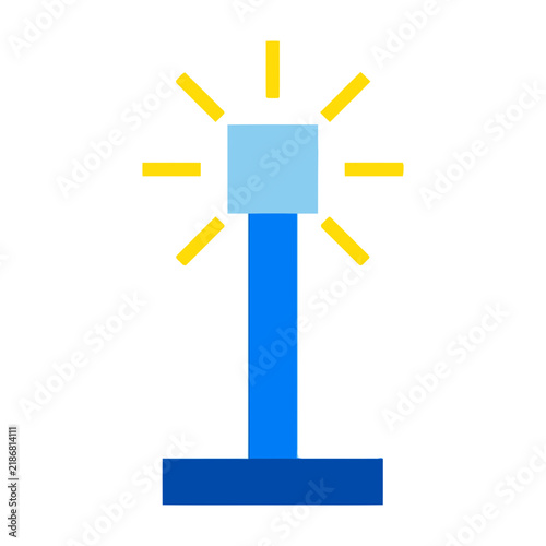 Simple blue lamp with yellow rays shining brightly on white background symbolizing idea inspiration