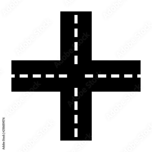 Road intersection with dashed lines on black and white background