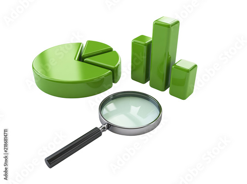 Magnifying glass examining green 3D pie chart and bar graph on a clean white background
