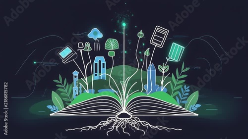 Magical book animation with growing glowing plant icons blooming from open pages showing knowledge and education in motion video clip