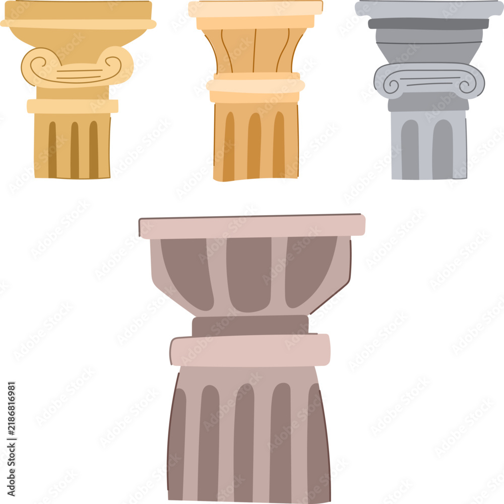 Obraz premium Set of various ancient column elements and capitals, including ionic and doric designs, representing different architectural orders and historical building structures