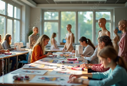 Candid Fashion Sewing Studio Workspace with Mannequins and Sewing Machines in an Artistic Surrounding