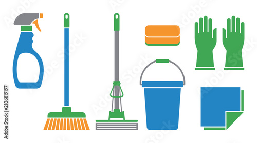 Cleaning equipment icons set featuring mop broom bucket and gloves