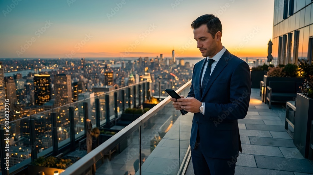 Obraz premium Professional businessman using a smartphone on a city rooftop at sunset