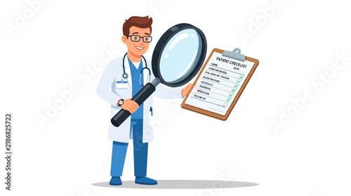 Healthcare provider examining patient health records with magnifying glass