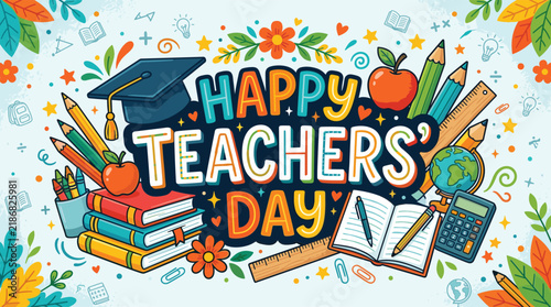 Happy Teachers Day lettering with school supplies and autumn leaves against a bright background