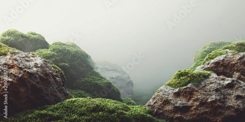Moss covered rocks on a misty hillside with copy space for various creative uses