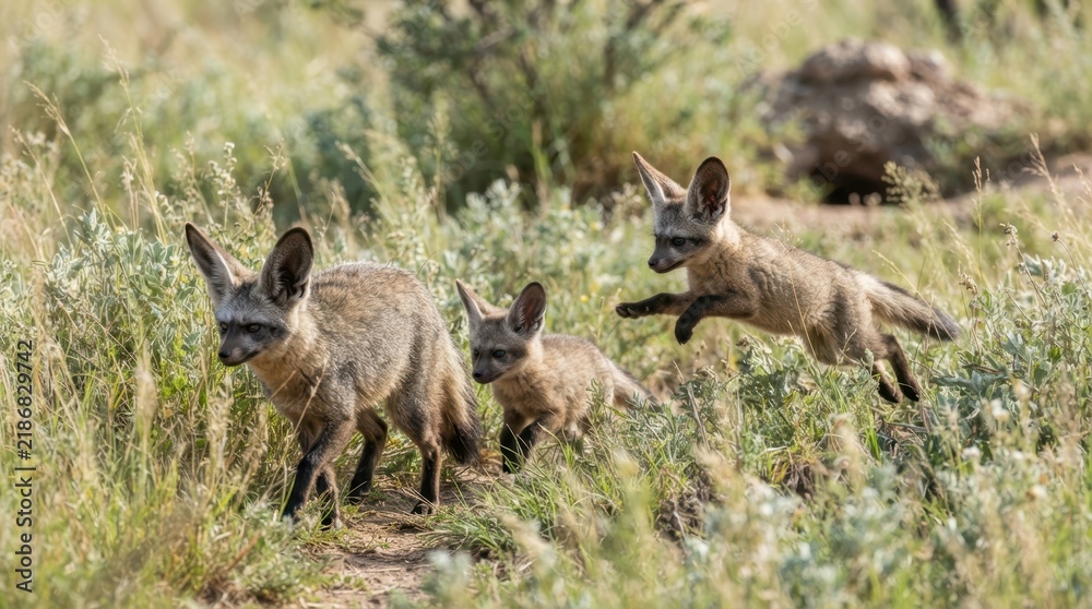 Fototapeta premium Bat-eared Fox Family Adventures: A family of bat-eared foxes, distinguished by their large ears, explores a grassy field, with one pup captured mid-leap.