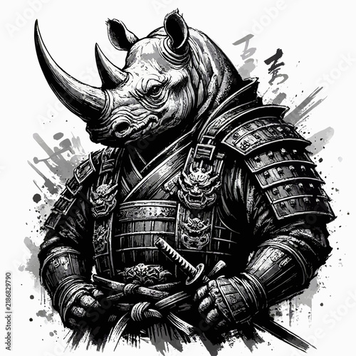 A powerful black and white illustration of a rhinoceros warrior in full samurai armor, holding a katana, with Japanese calligraphy in the background.