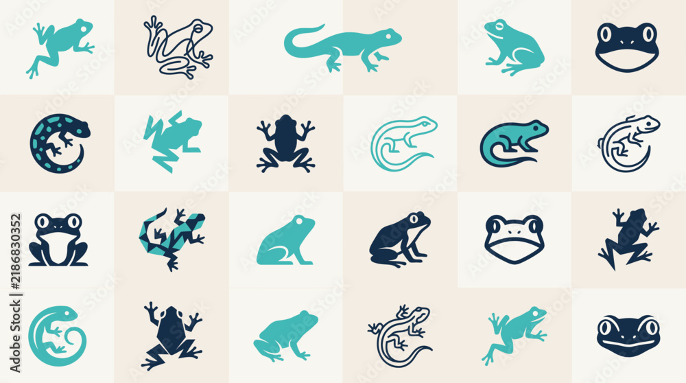 Fototapeta premium Collection of stylized frog and lizard icons in flat design