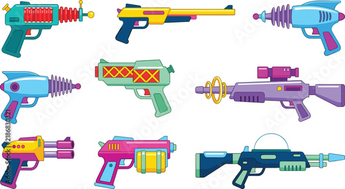 Cuadro en lienzo Sci-fi ray guns and futuristic laser blasters vector illustration flat icon set