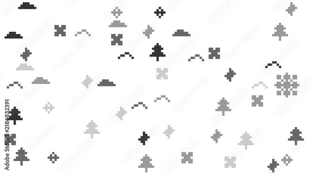 Fototapeta premium Retro Pixel Art Winter Forest Elements on White Background with Christmas Trees and Stars