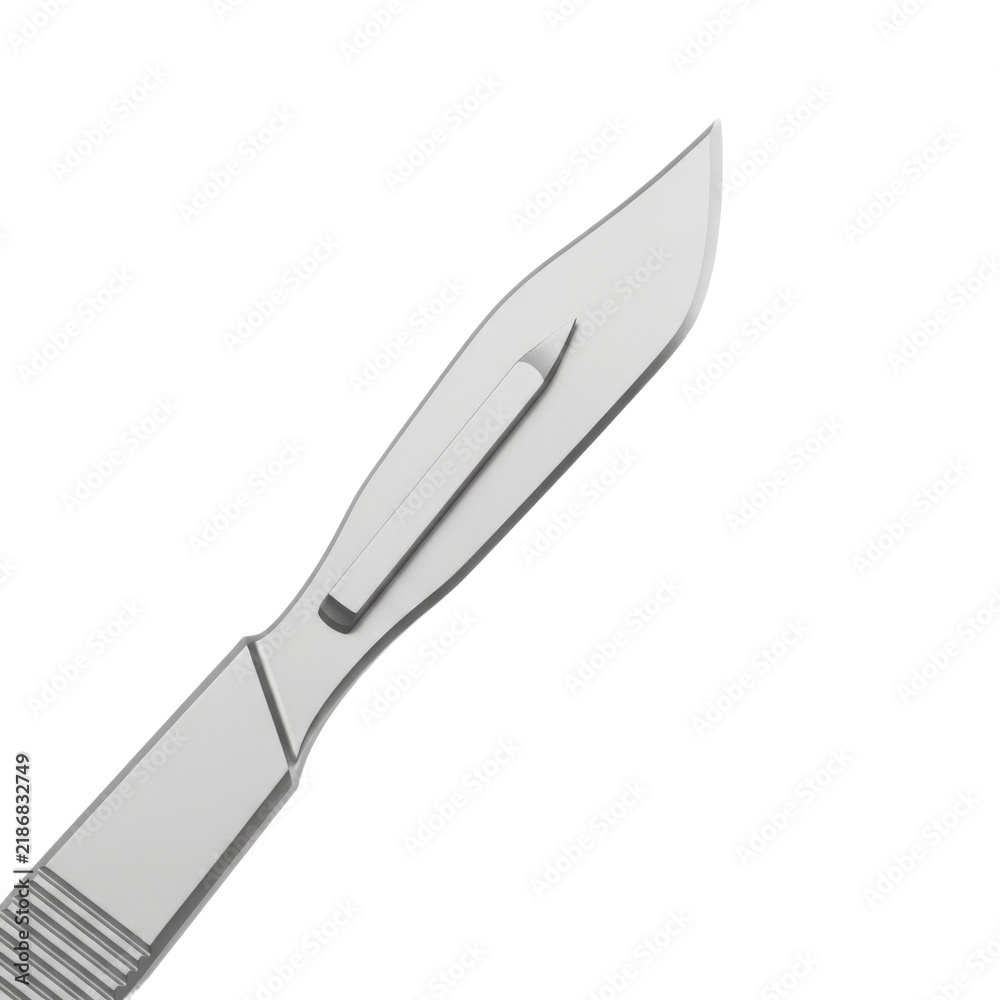 Obraz premium Close-up of a surgical blade with a sharp edge and textured handle against a clean white background