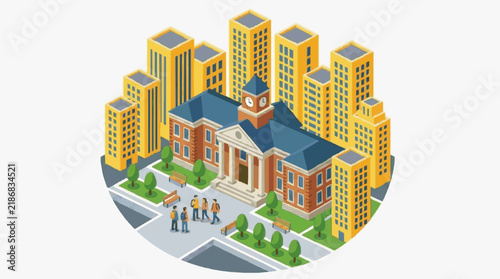 Dynamic Isometric of Urban Courthouse Surrounded by Modern High Rises and Pedestrians with high quality professional line art symbols for modern creative design and digital branding projects