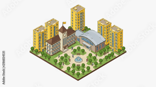 Dynamic Isometric of Urban Campus with Clock Tower Modern Buildings and Lush Green Spaces with high quality professional line art symbols for modern creative design and digital branding projects