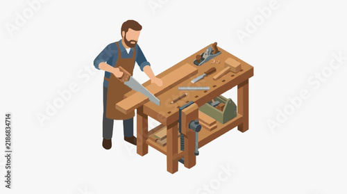 Dynamic Isometric of Woodworker Using Hand Tools on a Classic Woodworking Bench with high quality professional line art symbols for modern creative design and digital branding projects