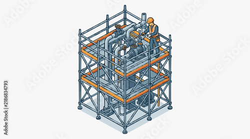 Dynamic Isometric of Worker Inspecting Industrial Pipe System on Multi Level Scaffolding with high quality professional line art symbols for modern creative design and digital branding projects